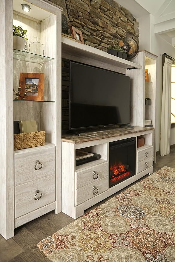 Signature Design by Ashley Entertainment Accessories Vintage 64" TV Stand with Electric Fireplace and LED Lights for TVs up to 72", Whitewash