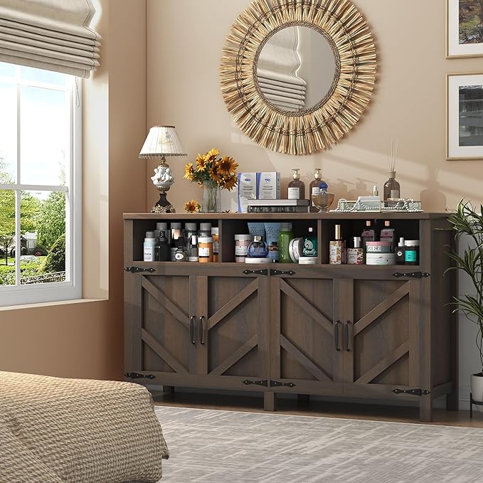Buffet Sideboard with Storage Farmhouse with 4 Doors, 55'' Large Kitchen Storage Cabinet Wood Coffee Bar Cabinet Buffet Table with Shelves for Kitchen, Dining Room, Entryway (Brown, 55in)