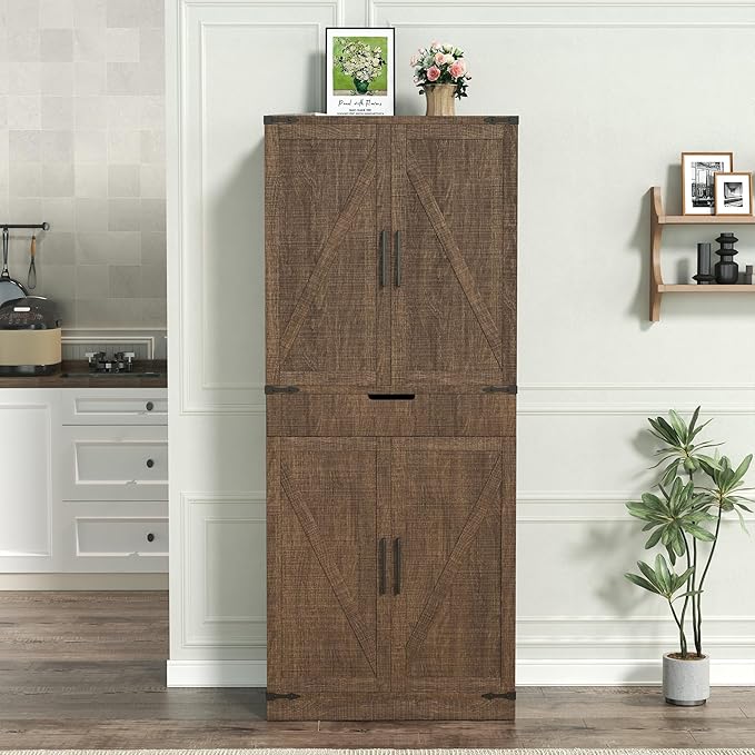 72" Kitchen Pantry Storage Cabinet with Doors and Shelves, Wood Farmhouse Pantry Storage with Barn Doors for Kitchen, Dining Room, Living Room, Dark Brown