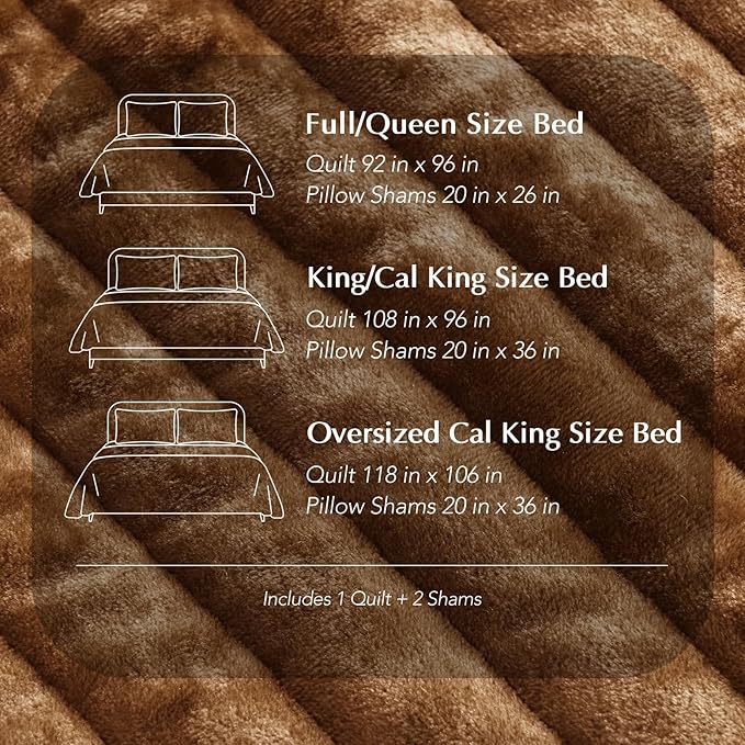 EVERGRACE Velvet Quilt Set Queen Size, Luxurious Soft Striped Channel Bedding Set, Lightweight Velvet Comforter for All Season, Oversized Bedspread Coverlet with 2 Matching Shams, Dark Brown