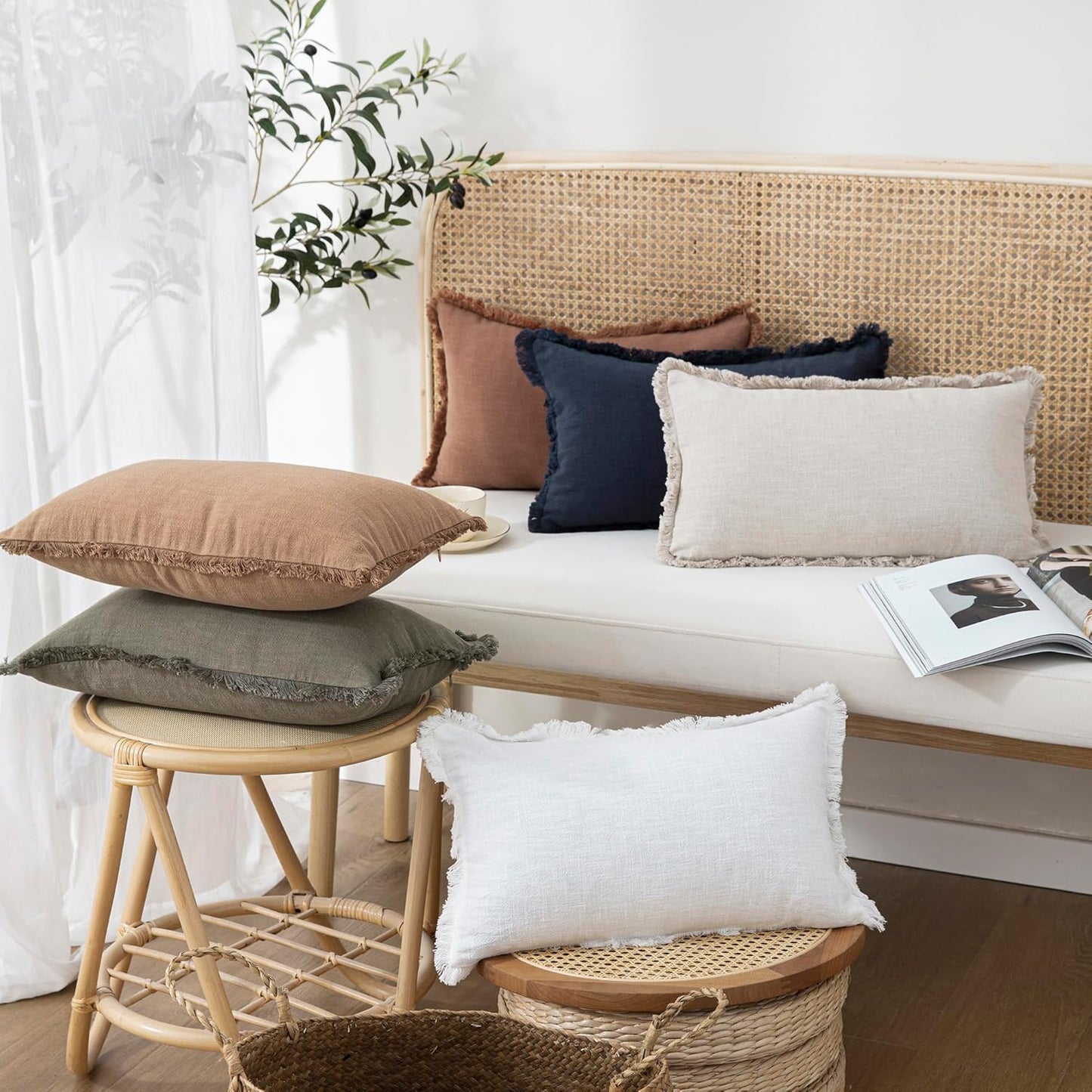 Foindtower Set of 2 Decorative Linen Fringe Lumbar Throw Pillow Covers Boho Farmhouse Cushion Cover with Tassels Cozy Accent Pillowcase for Sofa Couch Living Room Home Decor,12×20 Inch,Natural Beige