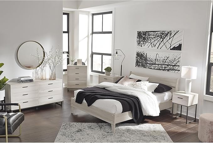 Signature Design by Ashley Socalle Contemporary Panel Platform Bed, Foundation or Box Spring Not Needed, Queen, Beige