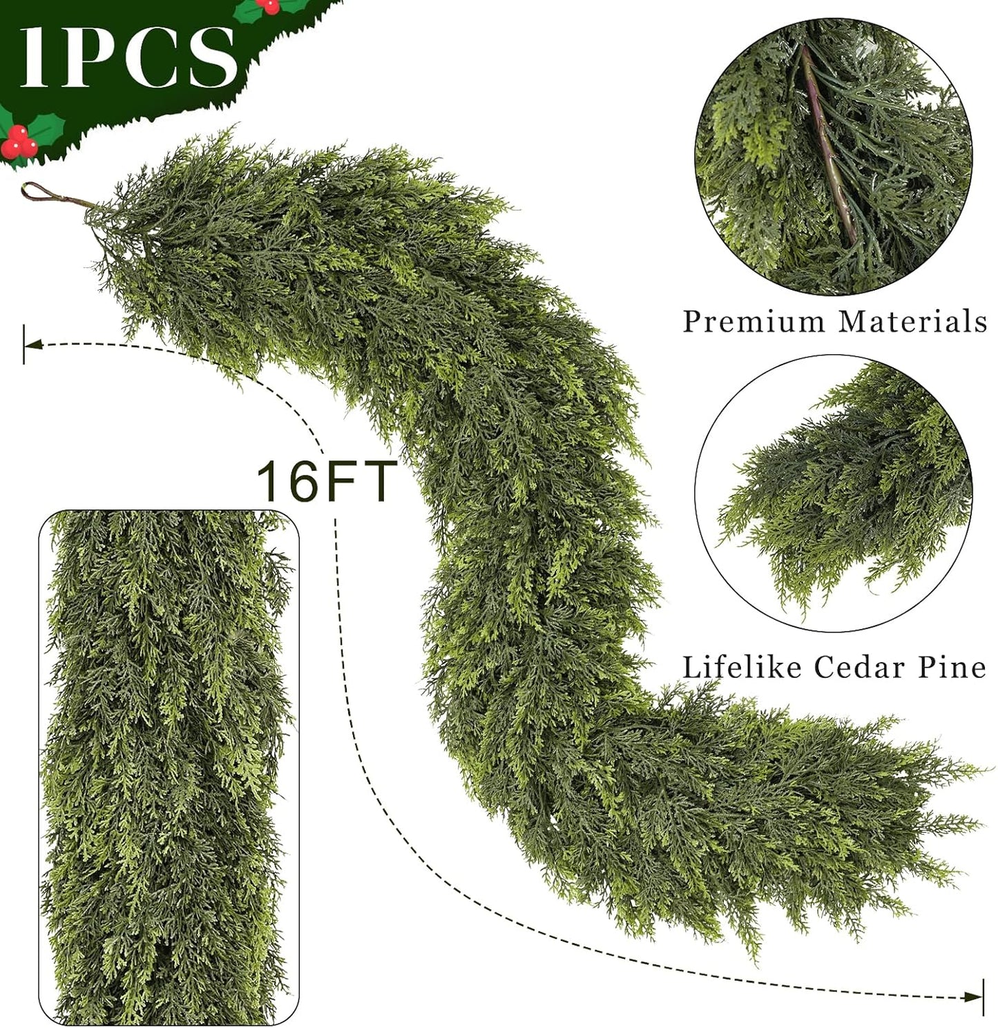 16FT Real Touch Cedar Garland for Fireplace - Artificial Christmas Garlands Realistic Faux Greenery Fake Pine Needles Garland for Holiday,Table, Window,Mantel,Stairs, Home,Indoor Outdoor Decor (1PCS)