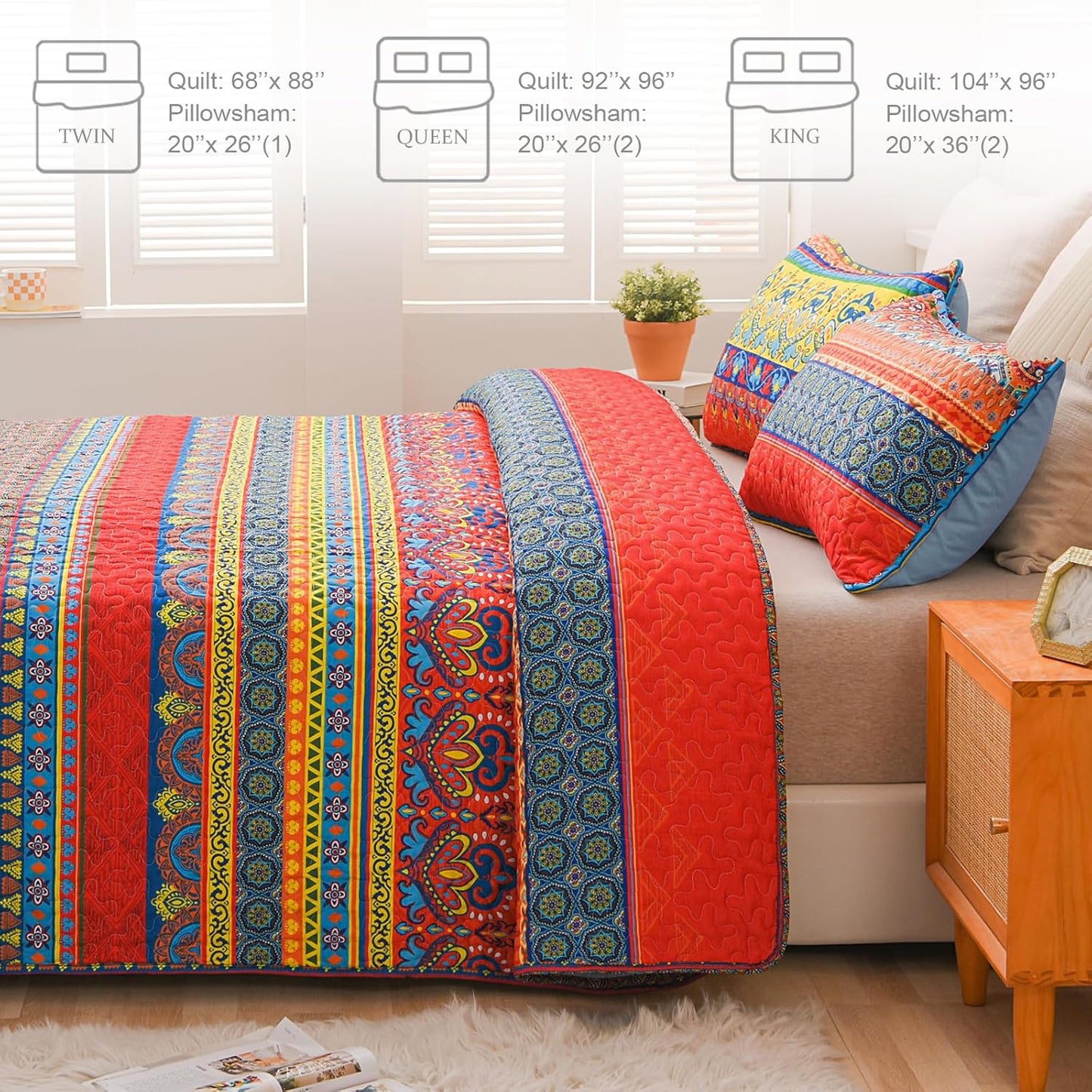 Exclusivo Mezcla Reversible Boho Quilt Set King Size, 3 Pieces Bohemian Blue All Season Bedspreads, Ultra Soft Floral Coverlet Bedding Set with Printed Pattern (1 Quilt, 2 Pillow Shams)