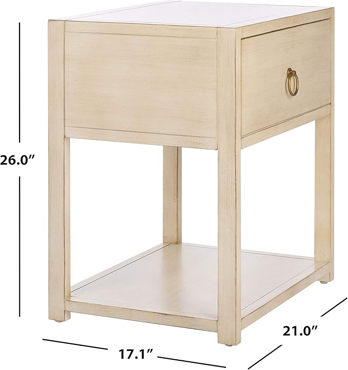 SAFAVIEH Home Collection – Yudi Antique White & Gold 1-Drawer Nightstand with Shelf, Classic Accent Table for Bedroom Storage, Fully Assembled (NST9201B)
