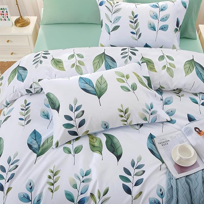 MUXHOMO Grey Green Foliage Full Comforter Set, Elegant Floral Print Bed in a Bag 7 Pieces, Soft & Breathable Reversible Botanical Pattern Bedding Set with Comforter, Sheets, Pillowcases, and Shams