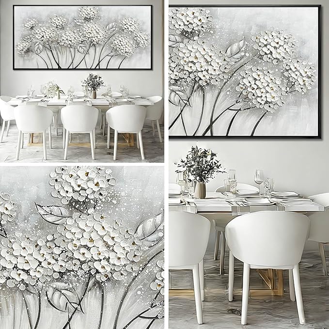 Kureful Grey and White Hand Painted Wall Art Flower Canvas Artwork Contemporary Oil Paintings 40"x86" Decorations for Bedroom Office