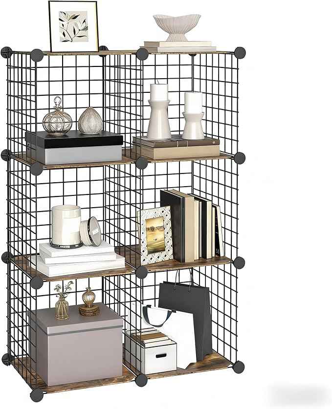HOOBRO Wire Cube Storage Organizer, 6-Cube Shelves, Modular Shelves with Metal Grid, DIY Closet Cabinet for Living Room, Bedroom, Rustic Brown and Black BF06CW01
