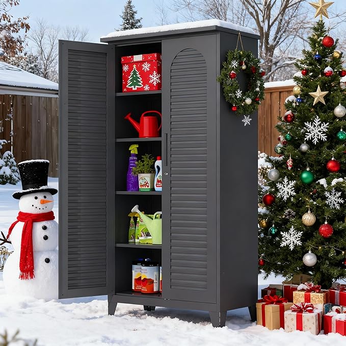 Shutter Metal Storage Cabinet,Waterproof 73'' Tall Freestanding Tool Chest w/ 3 Adjustable Shelves,Locking Doors,2 Hanging Rod,Utility Garage Storage Tool Cabinet for Garage,Home,Office,Outdoor,Black