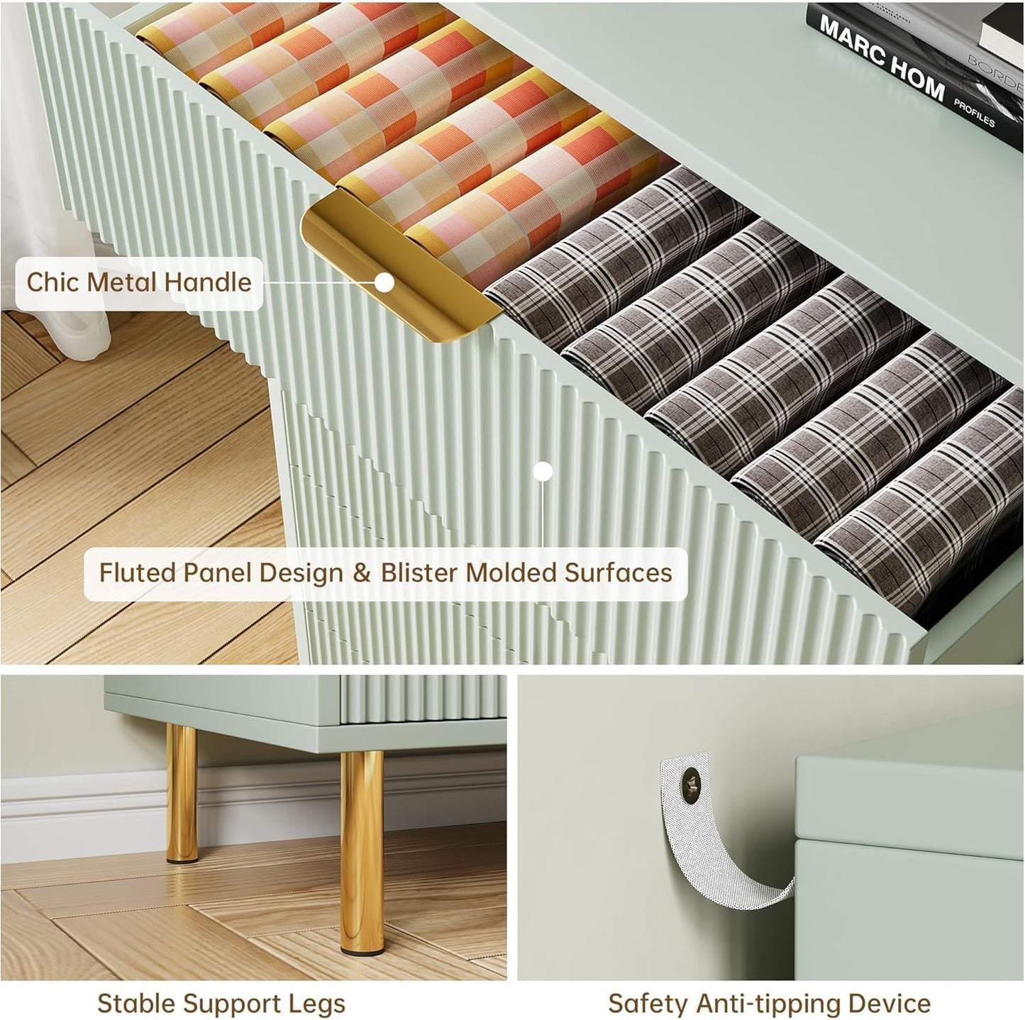 GAOMON 6 Drawer Dresser, Wood Chest of Drawers Organizer Storage with Gold Handle, Large Storage Cabinet, Modern Design Dresser for Bedroom, Living Room, Closet, Hallway, Entryway, Green