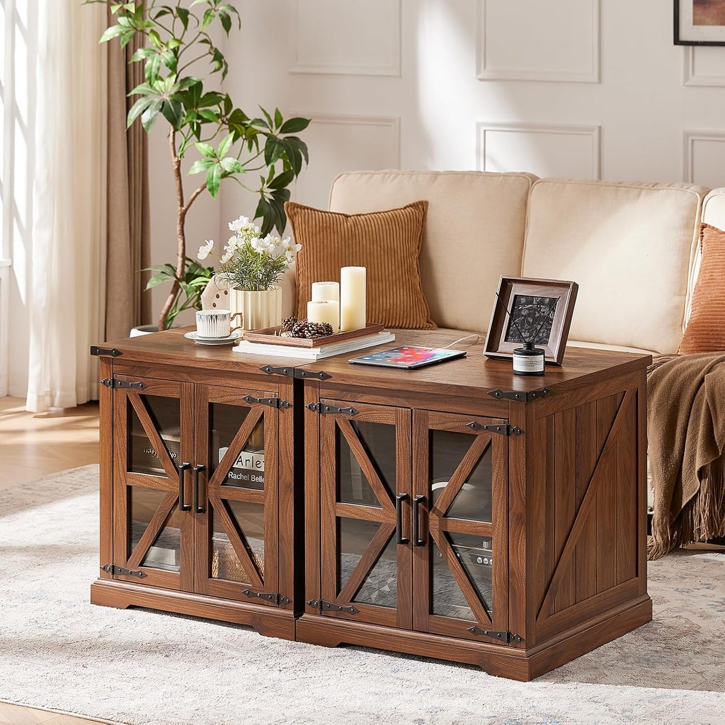 24" End Table Set of 2 with Charging Station, Farmhouse Night Stand with Glass Barn Door, Nightstands with Adjustable Storage Shelf, Large Wood Square Bed Side Table for Living Room,Bedroom