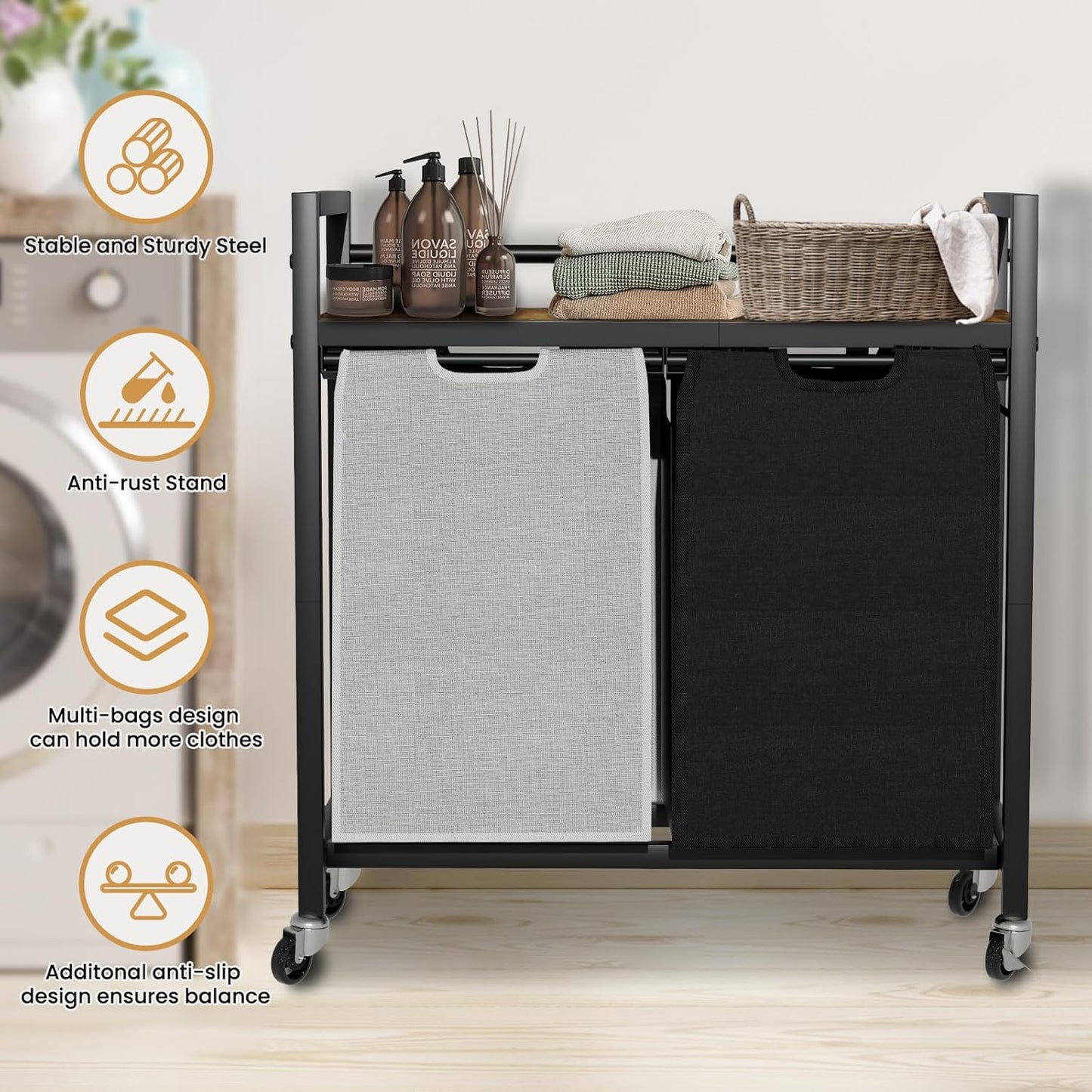 Laundry Hamper, Laundry Basket, Laundry Sorter with 2 Removable Bags, Clothes Basket with 2 Compartments, Wheels, Shelf for Laundry Room Bathroom Bedroom (2 Bags-Black Grey)