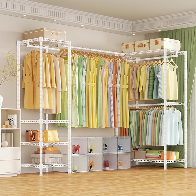 E10L L-Shaped Clothes Rack for Corner(With Expandable Hanger Rod)Heavy Duty Freestanding Clothing Racks for Hanging Clothes,Portable Garment Rack 58-82"W x 30"D x 72"H,Max Load 900LBS, White