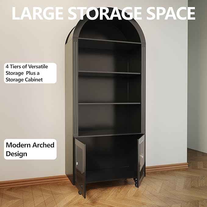 Wooden Arched Bookshelf,5-Tier Shelf,Farmhouse Storage Display Cabinet Etagere Bookcase, Large Bookshelf,Tall Open Storage Cabinet for Home Office Living Room&Kitchen(Black-Arched top)