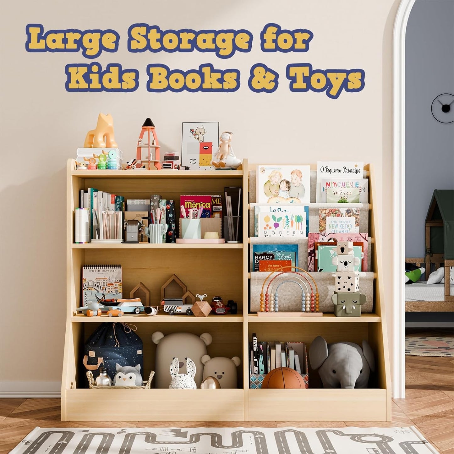 39" Large Kids Wooden Bookshelf and Toy Storage Organizer, Baby Bookcase with Sling Book Rack, Children Toddler Wooden Book Shelf for kids rooms, Playroom, Classroom, Nursery, School (Natural)
