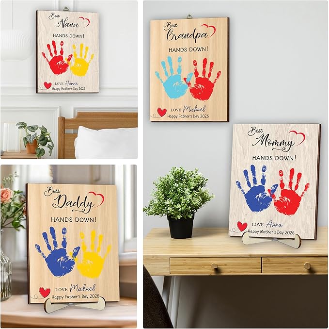 Personalized Hands Down Best Dad Ever Handprint Kit with Paint, Family Craft Wooden Sign, Fathers Day Handprint Plaque Keepsake, Mothers Day Birthday Gift for Mom, Grandma, Nana, Aunt
