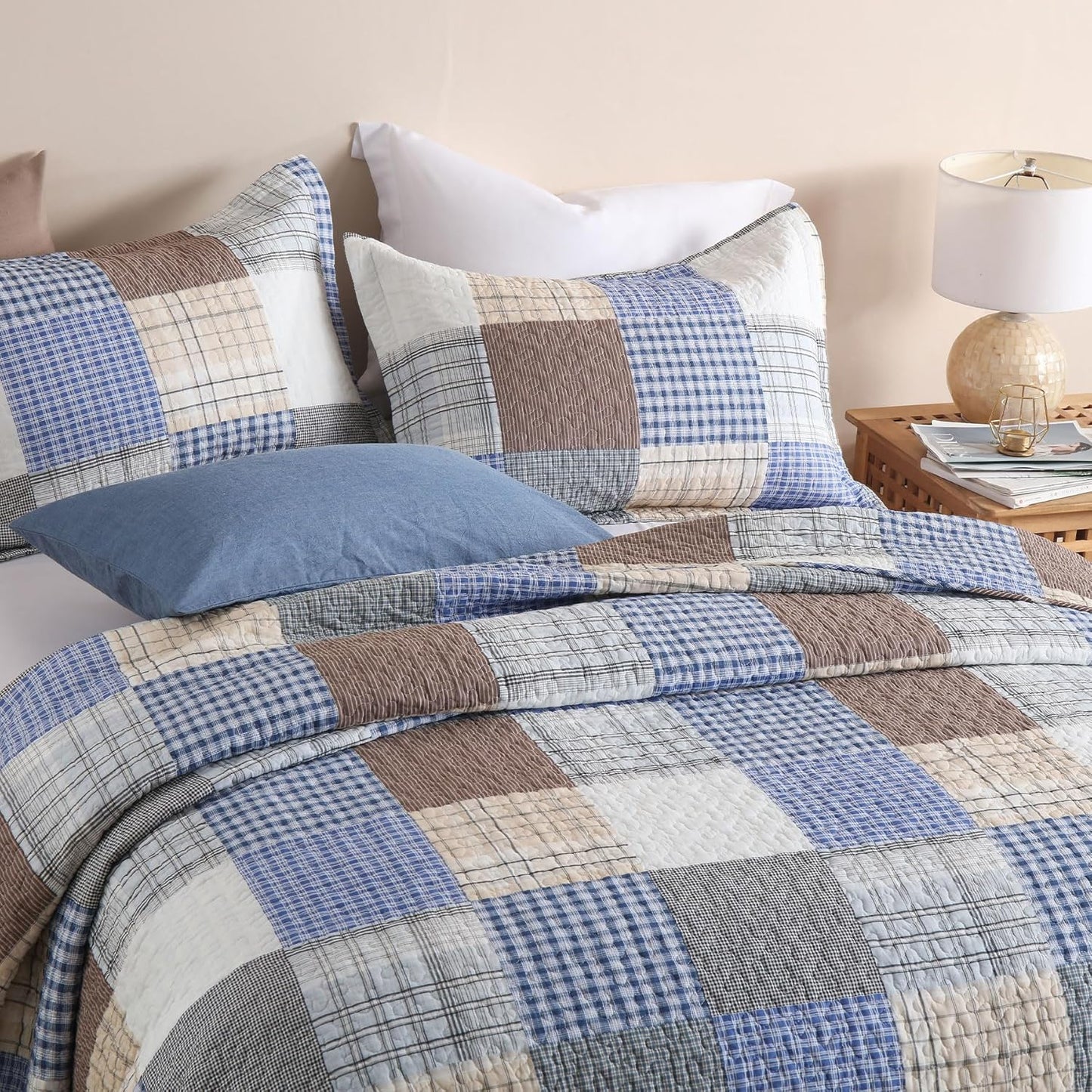 Secgo King Size Comforter Set- 100% Cotton Quilt King Size Set, Bule, Plaid bedspreads (96 * 108 Inch) with 2 Pillow Shams, Patchwork Reversible Lightweight Bedding