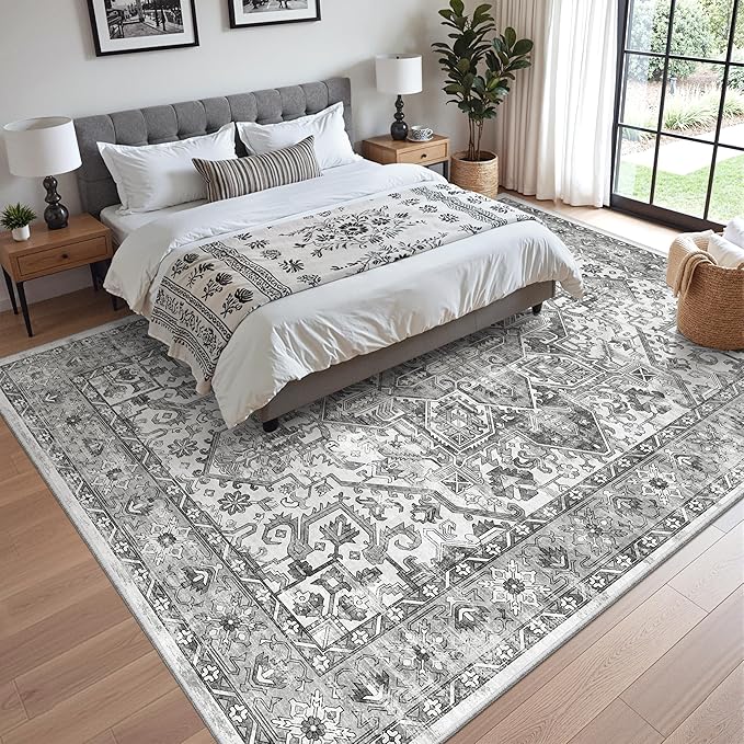 zesthome 9x12 Area Rugs,Stain Resistant Washable Rug,Ultra-Thin Rugs for Living Room,Bedroom,Non-Slip Backing Home Decor Large Area Rug (Grey/White,9'x12')