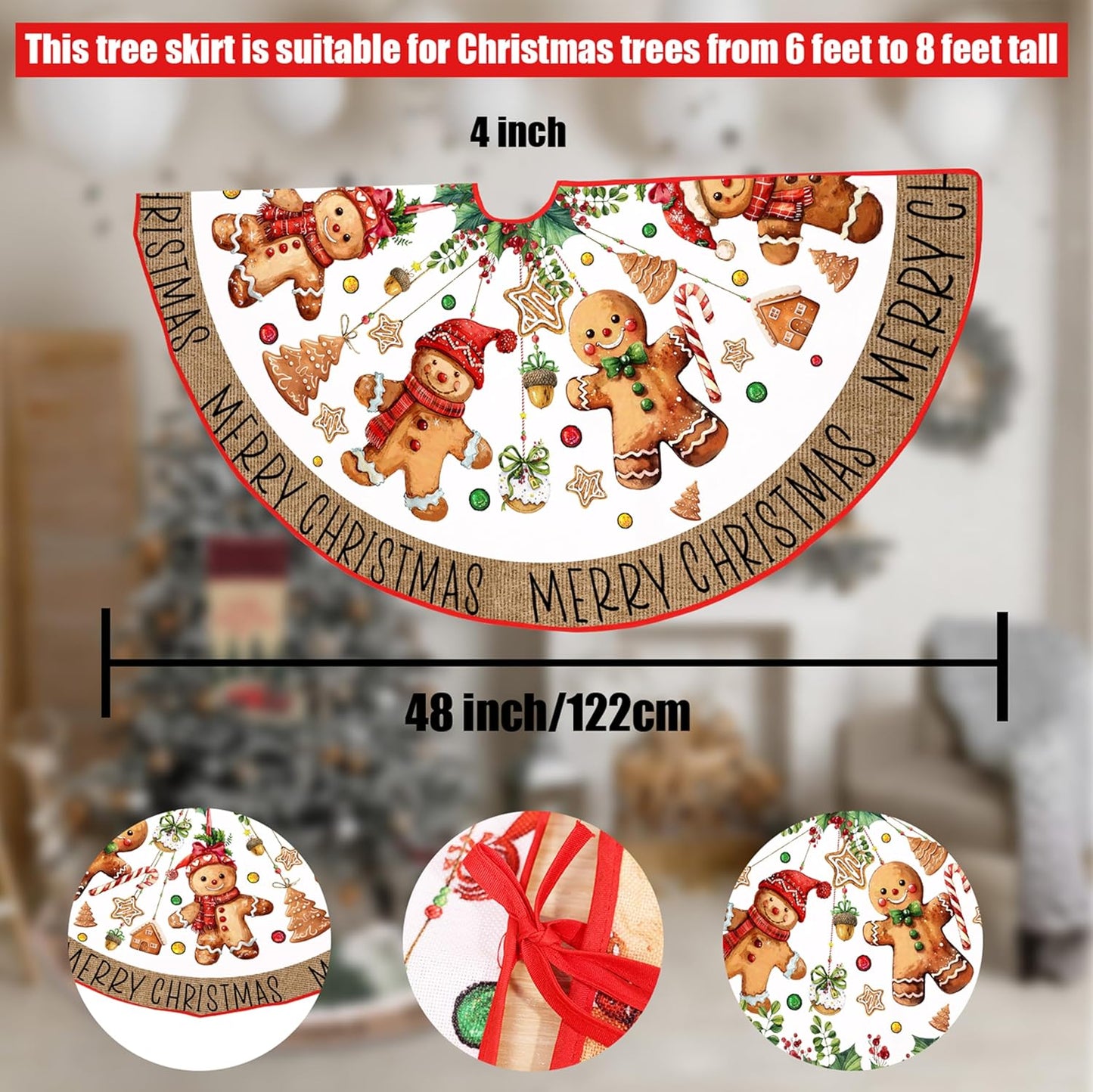 Baccessor Christmas Tree Skirt 48 Inch, Merry Christmas Cute Gingerbread Man Christmas Tree Skirt Collar for Winter Holiday Farmhouse Vintage Rustic Xmas Party Decoration