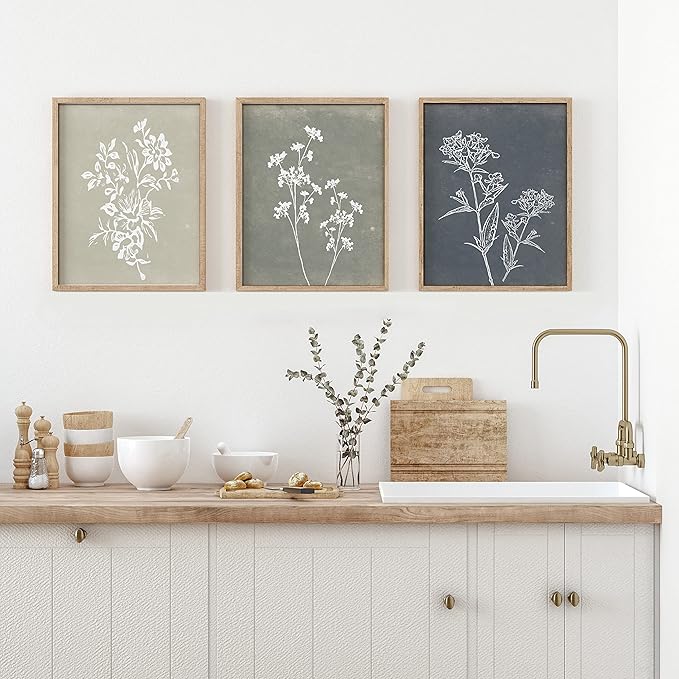 Liswit Framed Boho Wall Art Set of 4 for Wooded Minimalist Botanical Print Wall Art for Rustic Vintage Farmhouse Home Kitchen Wall Decor (Brown, 8"x10")