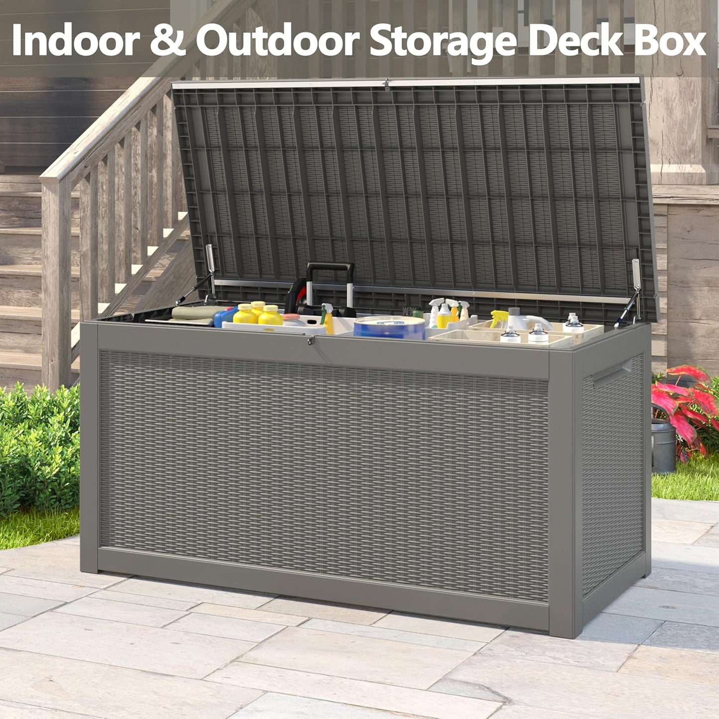 260 Gallon Resin Deck Box, Large Indoor and Outdoor Storage Box, Weatherproof and UV Resistant Outdoor Storage Box with Built-in Steel Beams for Patio Cushions, Pool Supplies
