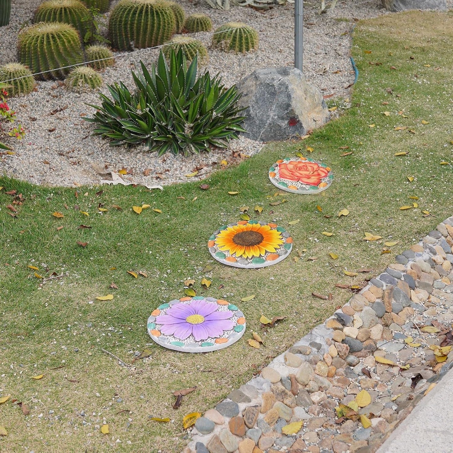 Decorative Rose Garden Stepping Stone - Stepping Stones Outdoor with Colorful Pebble Border, 10x10 inches