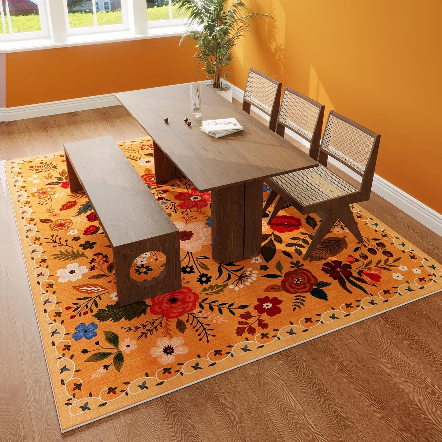 Living Room Rug 6x9 Rug Machine Washable Boho Area Rug Non Slip Floral Vintage Low Pile Large Rug for Living Room, Bedroom, Farmhouse, Dining Room, Kids Playroom(Yellow)