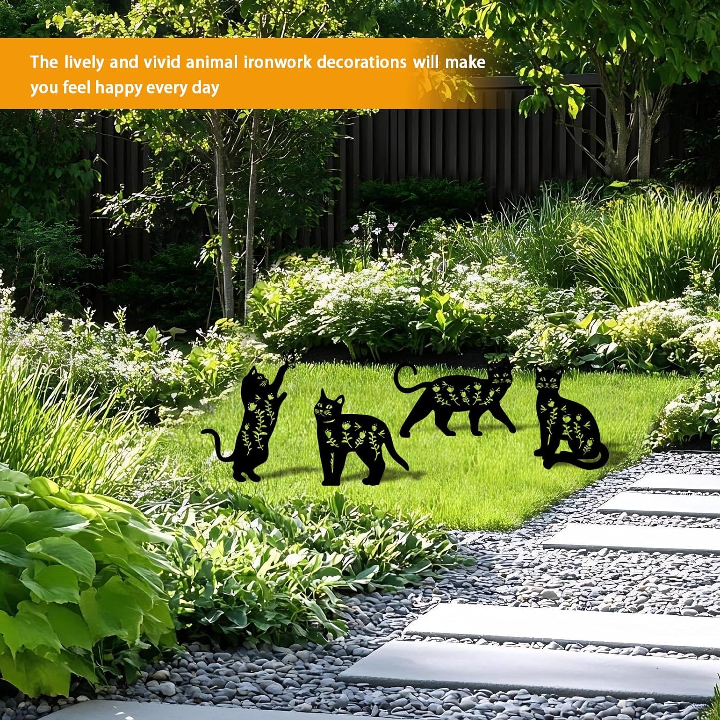 4 Pack Cat Metal Garden Decorative Stakes, Weather Proof Silhouette Statues for Yard, Patio,Outdoor Decor for Cat Lovers and Pet Owners