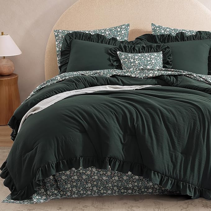 Full Comforter Set - 7 Pieces Ruffle Forest Green Bedding Sets, Shabby Chic Farmhouse Bed in a Bag with Ruffle Comforter, Floral Sheets, Pillowcases & Shams