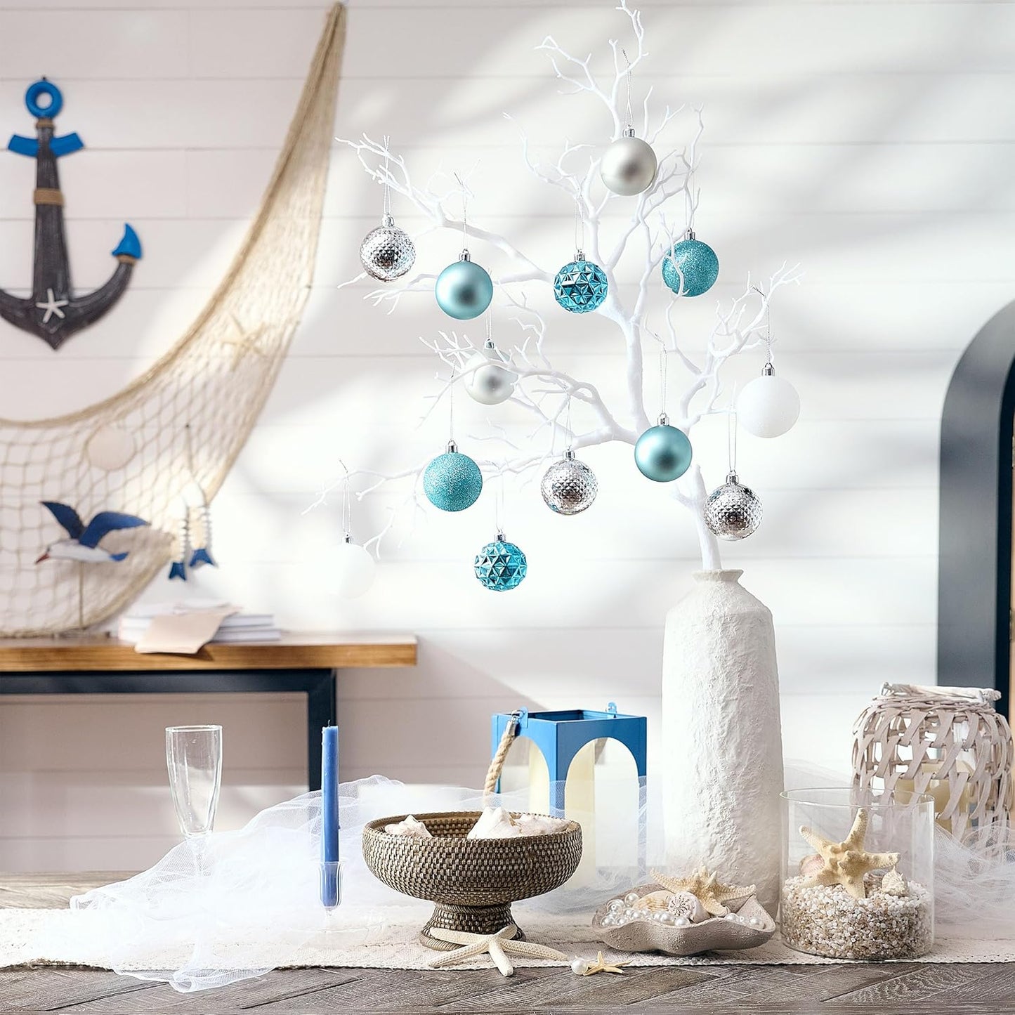 Valery Madelyn Christmas Tree Decorations Ornament Set for Fall Halloween, 50ct 2.36 Inches Light Blue Silver Shatterproof Christmas Ball Ornaments Hanging Xmas Holiday Party Decor