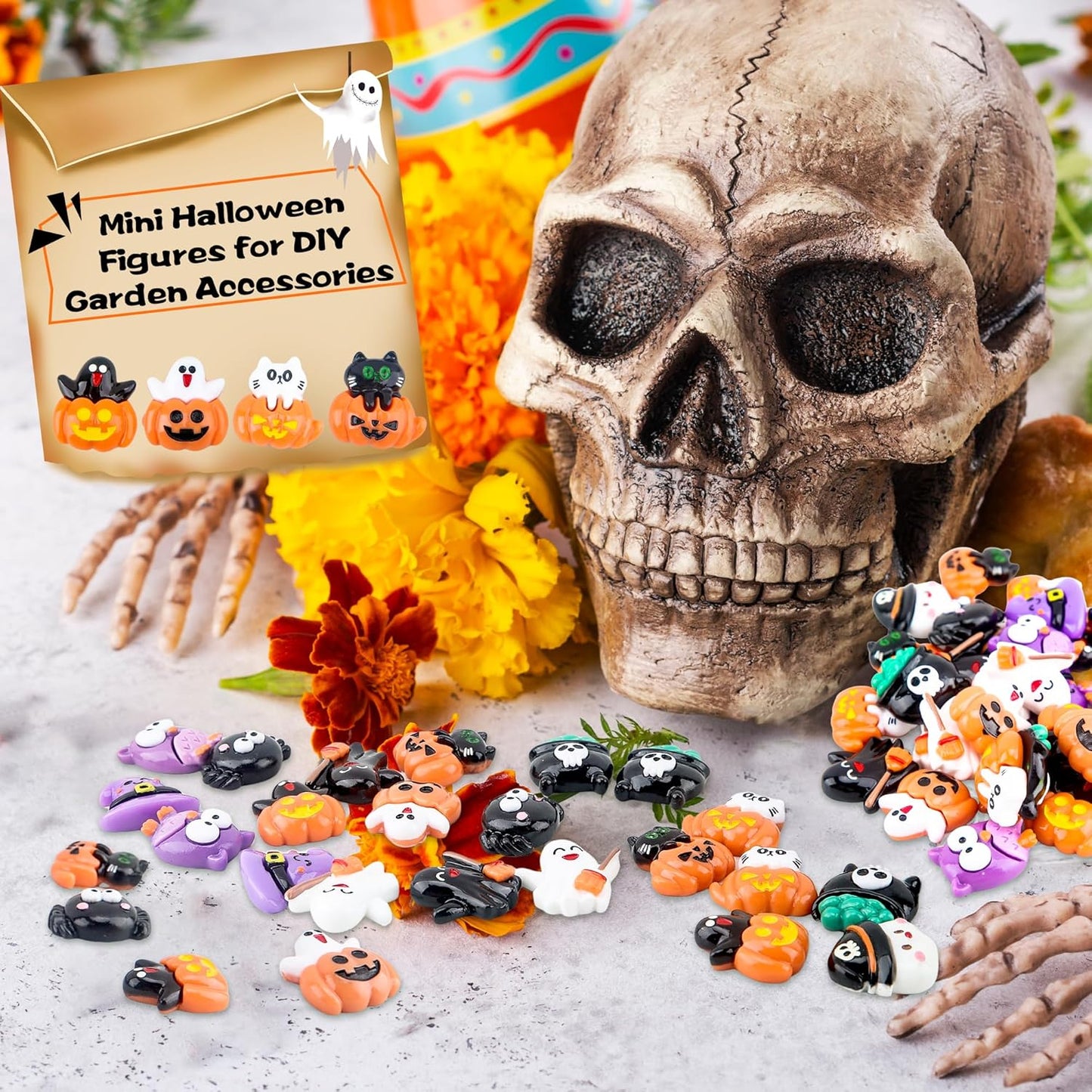 65 Pcs Mini Halloween Figurines Bulk Miniatures Resin Pumpkin Ghost Candy Hat Halloween Garden DIY Accessories for Halloween Decoration Goodie Bags Stuffers, 10 Styles