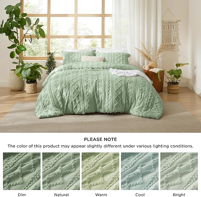 Bedsure Tufted Boho Comforter Set King Size - Sage Green Boho Bed Set, GentleSoft™ 3 Pieces Farmhouse Shabby Chic Embroidery Bedding, Gifts for Woman, Soft Jacquard King Comforter for All Seasons