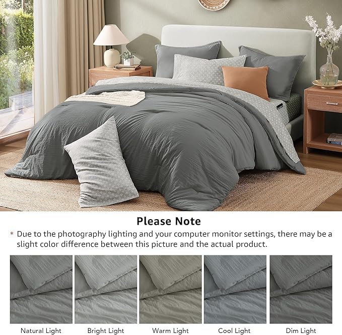 Monbix Full Size Comforter Set - 7 Pieces Granite Grey Prewashed Bed in a Bag Full Bedding Sets with Comforters, All Seasons Ultra Soft Comforter Bed Set with Sheets,Pillowcases & Shams