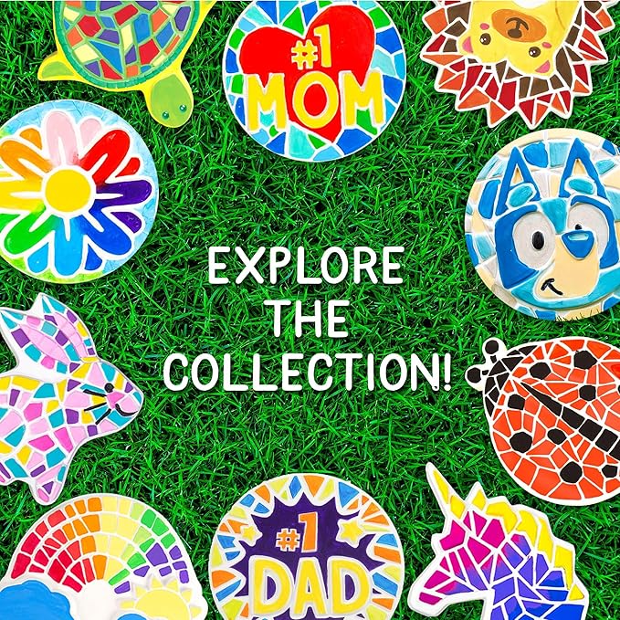 Creative Roots Mosaic Turtle, Hedgehog, & Sun - 3-Pack 7-Inch Ceramic Stepping Stones & 6 Vibrant Paints, Paint Your Own DIY Stepping Stones for Kids Ages 8+