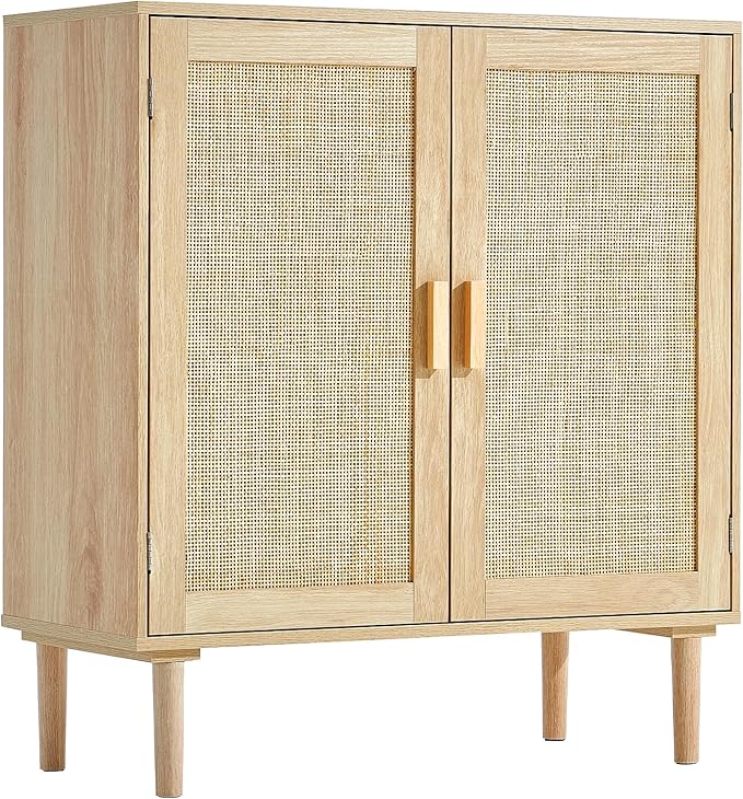 VEVOR Rattan Cabinet, Buffet Cabinet with 2 Magnetic Doors and Adjustable Shelves, Sideboard Buffet for Hallway, Entryway, Living Room, or Kitchen, Natural