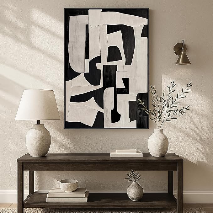 Framed Neutral Abstract Wall Art, Modern Black and Beige Canvas Prints Paintings Artwork for Walls, Minimalist Black White Pictures for Living Room, Hallway, Dining Room, Bedroom Wall Decor 24x36 In