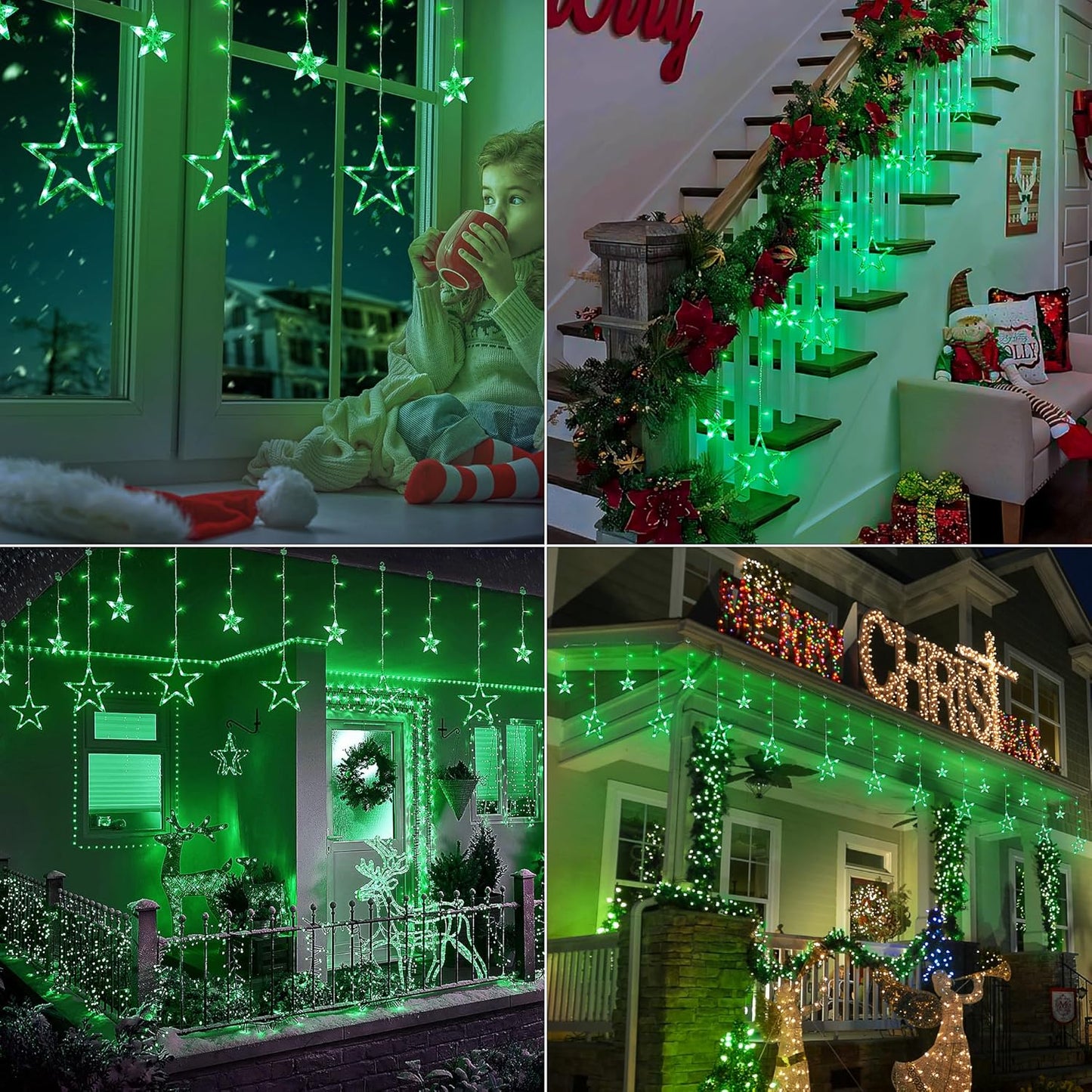 Green Star Icicle Lights,126LED 8.2FT Christmas String Lights with 8 Modes Waterproof,Clear Wire Plug Memory Timer Curtain Lights for St Patrick’s Day Holiday Yard Garden Decorations(Green)