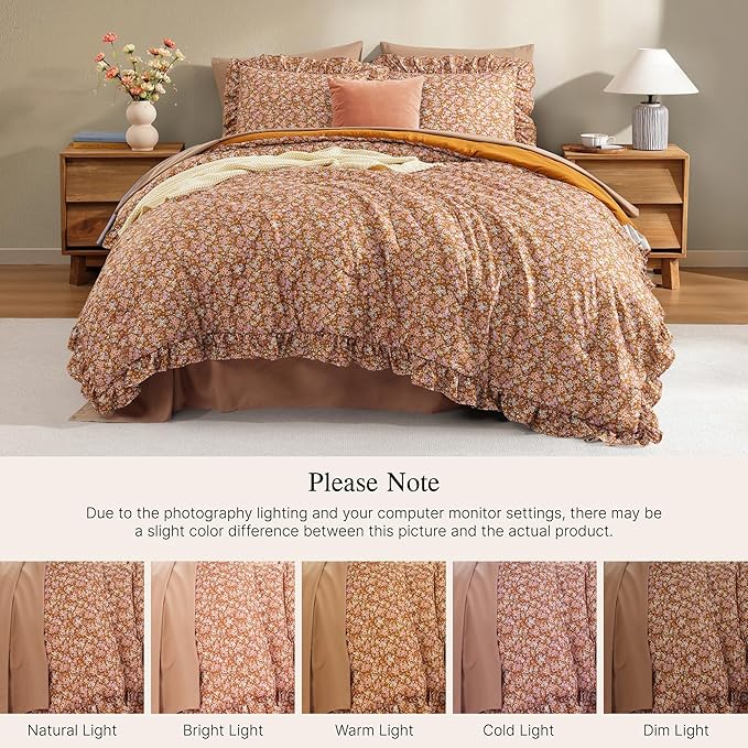 Queen Comforter Set - 7 Pieces Ruffle Brown Bedding Sets, Shabby Chic Farmhouse Bed in a Bag with Ruffle Comforter, Sheets, Pillowcases & Shams