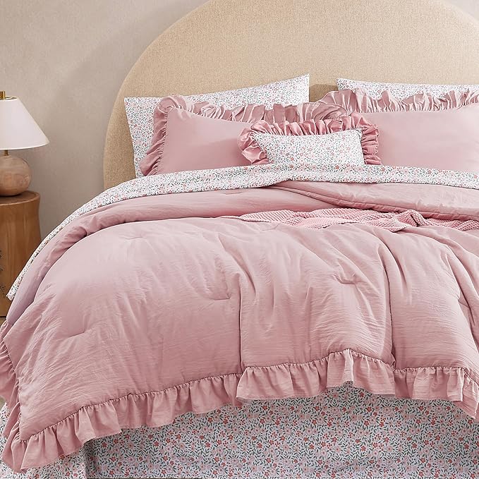 Full Comforter Set - 7 Pieces Ruffle Soft Pink Bedding Sets, Shabby Chic Farmhouse Bed in a Bag Full with Ruffle Comforter, Floral Sheets, Pillowcases & Shams