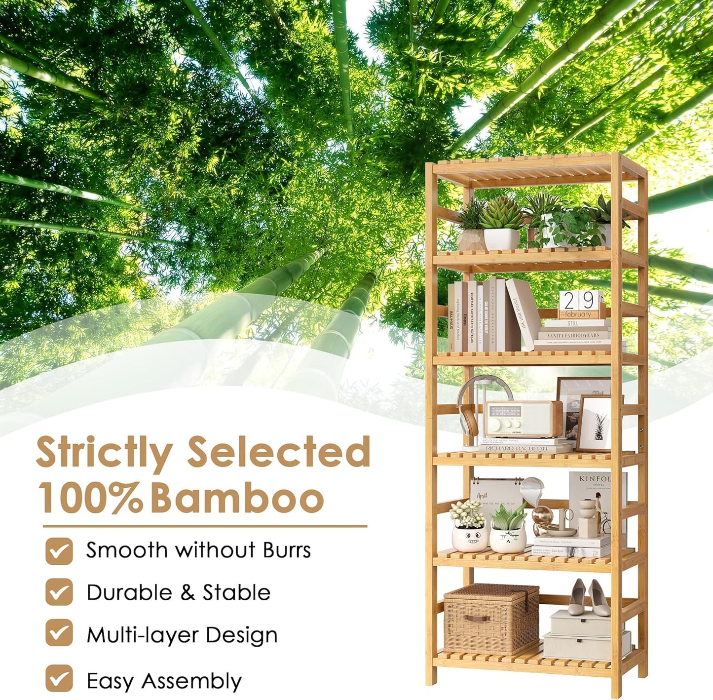 FOTOSOK 6-Tier Bamboo Shelf Set of 2, Bamboo Bookcase with Adjustable Shelves, Free Standing Storage Shelf Unit and Plant Flower Stand, Tall Large Bookshelf for Kitchen, Bathroom, Home Office, Natural - Décor Diaries