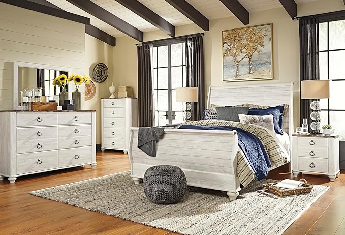Signature Design by Ashley Willowton Farmhouse 2 Drawer Nightstand with USB Charging Ports, 25.67" Tall, Whitewash
