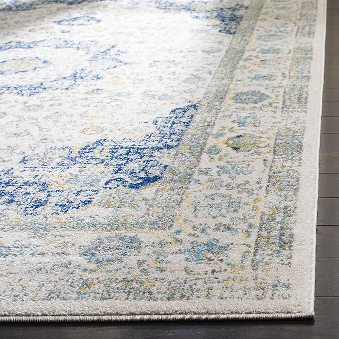 SAFAVIEH Evoke Collection Area Rug - 6'7" Square, Ivory & Blue, Shabby Chic Oriental Medallion Design, Non-Shedding & Easy to Clean, Ideal for Living Room, Bedroom, Dining Space (EVK220C)