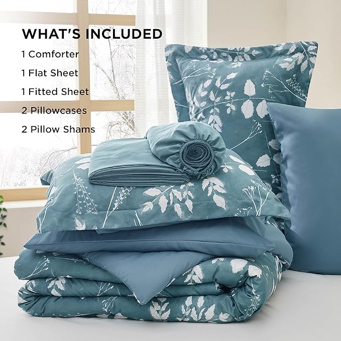 Bedsure King Size Comforter Set - 7 Pieces Floral Mineral Blue Soft Bedding Sets, King Bed in a Bag with Botanical Flowers Comforter, Sheets, Pillowcases & Shams