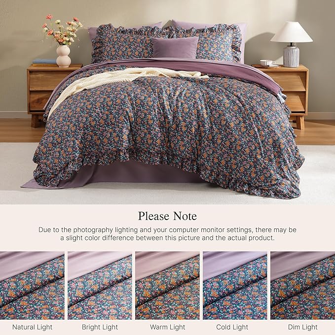 King Comforter Set - 7 Pieces Ruffle Purple Ditzy Bedding Sets, Shabby Chic Farmhouse Bed in a Bag with Ruffle Comforter, Sheets, Pillowcases & Shams