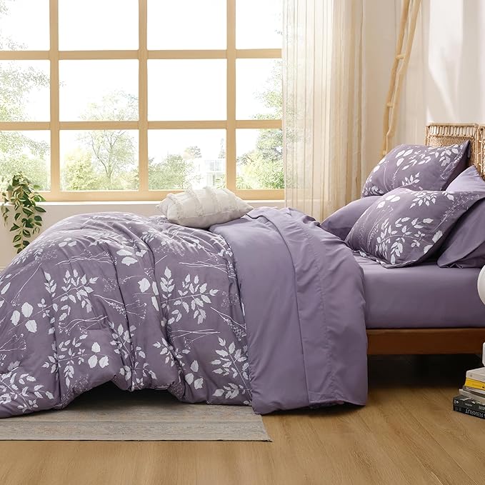 Bedsure Grayish Purple Queen Comforter Set - 7 Pieces Floral Bedding Sets Queen Bed in a Bag with Reversible Botanical Flowers Comforter, Sheets, Pillowcases & Shams