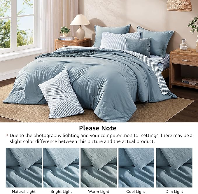 Monbix Full Size Comforter Set - 7 Pieces Dusty Blue Prewashed Bed in a Bag Full Bedding Sets with Comforters, All Seasons Ultra Soft Comforter Bed Set with Sheets,Pillowcases & Shams