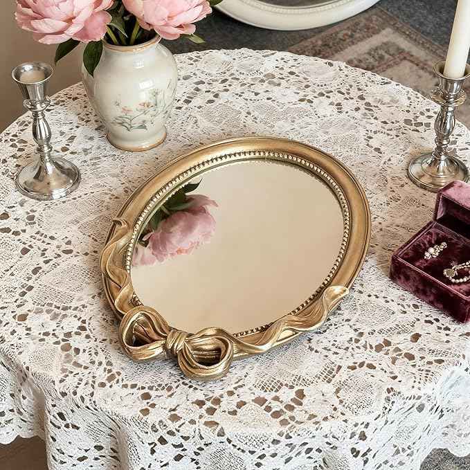 Vintage Vanity Desk Mirror - 13x10 Inch Wall-Mounted & Tabletop Decorative Ornate Champagne Gold Accent Retro Makeup Mirror for Bedroom Dresser Bathroom Living Room Dorm Oval