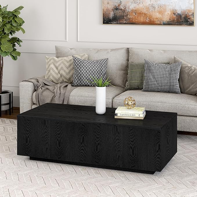 Henn&Hart 48" Fluted Rectangular Low-Profile Coffee Table with Ribbed Sides for Living Room, Family Room, or Office, Black Grain