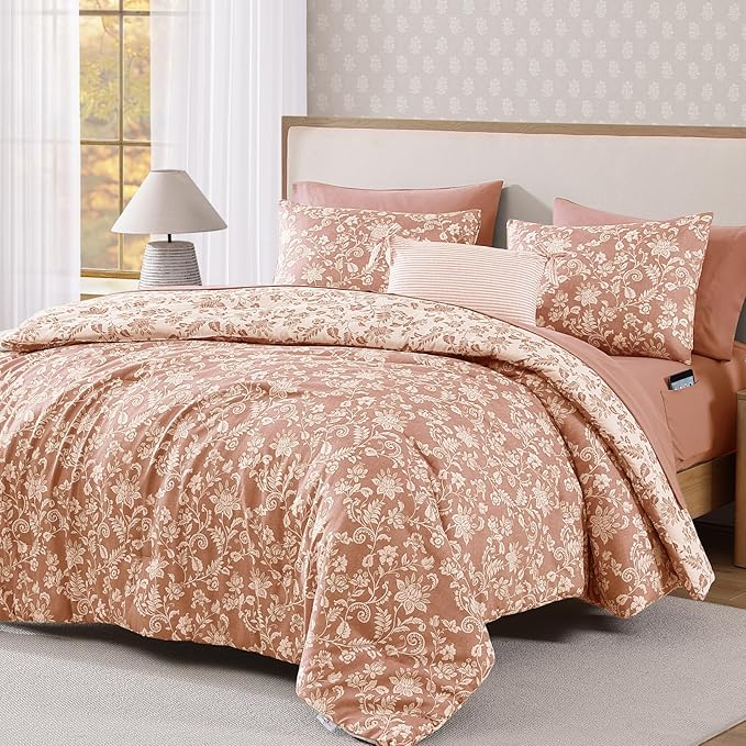 King Comforter Set -7 Pieces Clay Pink Floral Comforter Set for All Seasons, Bed in a Bag King with Botanical Flowers Comforter, Sheets, Pillowcases & Shams