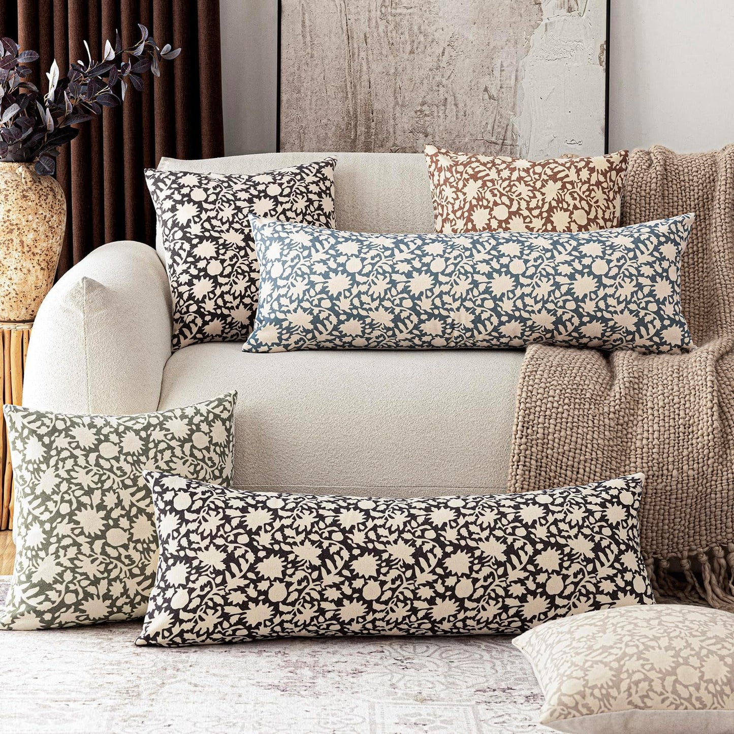 Foindtower Set of 2 Decorative Long Body Lumbar Throw Pillow Covers Accent Farmhouse Cushion Cover Neutral Floral Pillowcase For Couch Sofa Bedroom Living Room Home Decor Outdoor,14×36 Inch,Dusty Blue